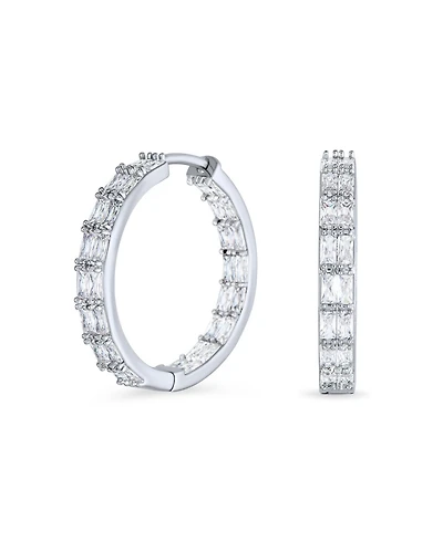Bling Jewelry Statement Cz Emerald Cut Cubic Zirconia Inside Out Hoop Earrings Prom Holiday Party Rhodium Plated 1 In Diameter