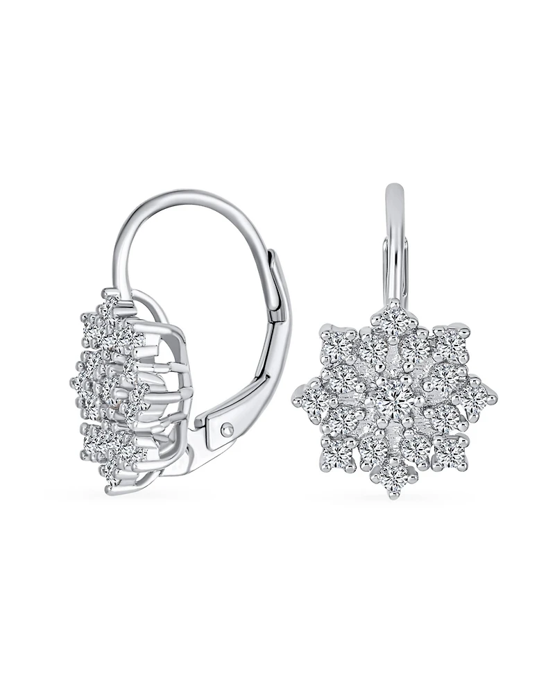 Bling Jewelry Holiday Party Flower Christmas Winter Cubic Zirconia Encrusted Cz Snowflake Drop Lever back Earrings Sterling Silver