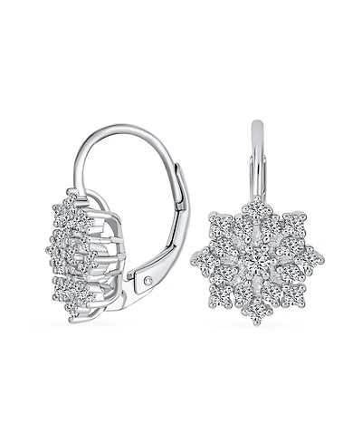 Bling Jewelry Holiday Party Flower Christmas Winter Cubic Zirconia Encrusted Cz Snowflake Drop Lever back Earrings Sterling Silver