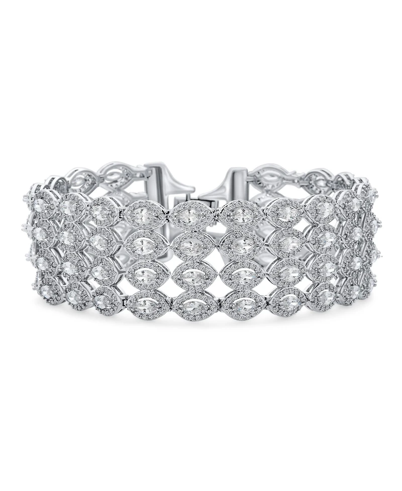 Bling Jewelry Art Deco Style Jewelry Cz Marquise Cubic Zirconia 4 Row Wide Tennis Bracelet Rhodium Plated 7.5 Inches. Perfect Formal Party.
