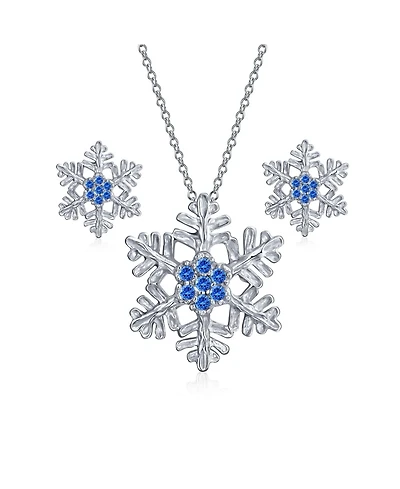 Bling Jewelry Holiday Party Snowflake Pendant Necklace & Earrings Set Blue Cz Sterling Silver