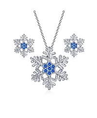 Bling Jewelry Holiday Party Snowflake Pendant Necklace & Earrings Set Blue Cz Sterling Silver