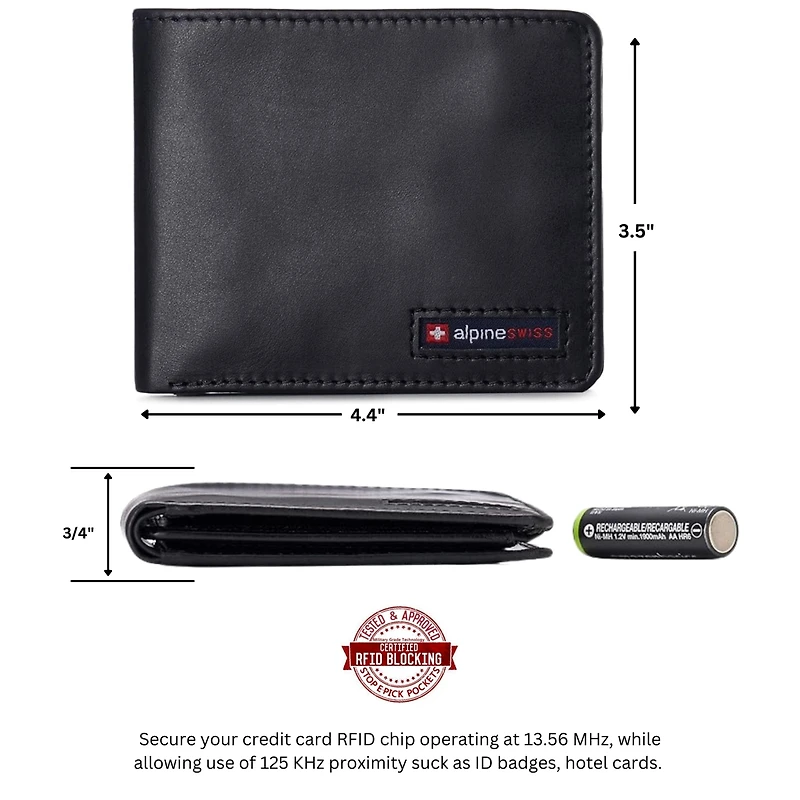 Alpine Swiss Men's Wallet for Men Rfid Protected Leather Spencer Bifold Divided Bill Section Gift Box 2 Id Windows 14 Card Storage Pockets