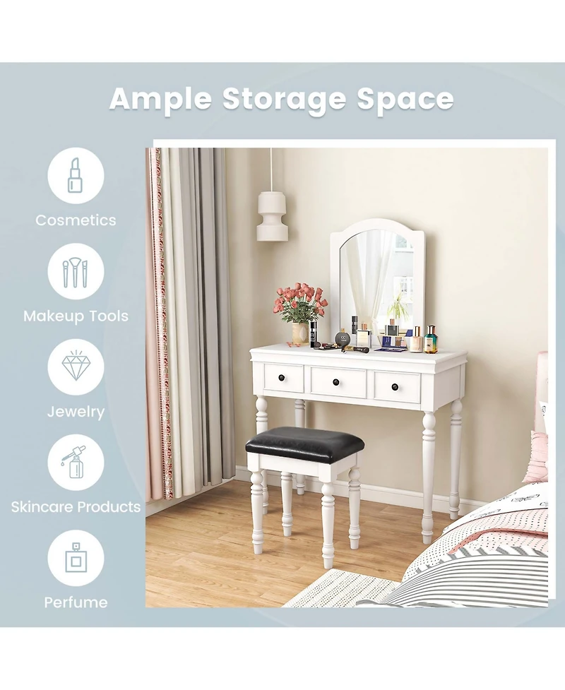 Vanity Table Set Makeup Desk Cushioned Stool 3 Drawer Large Mirror