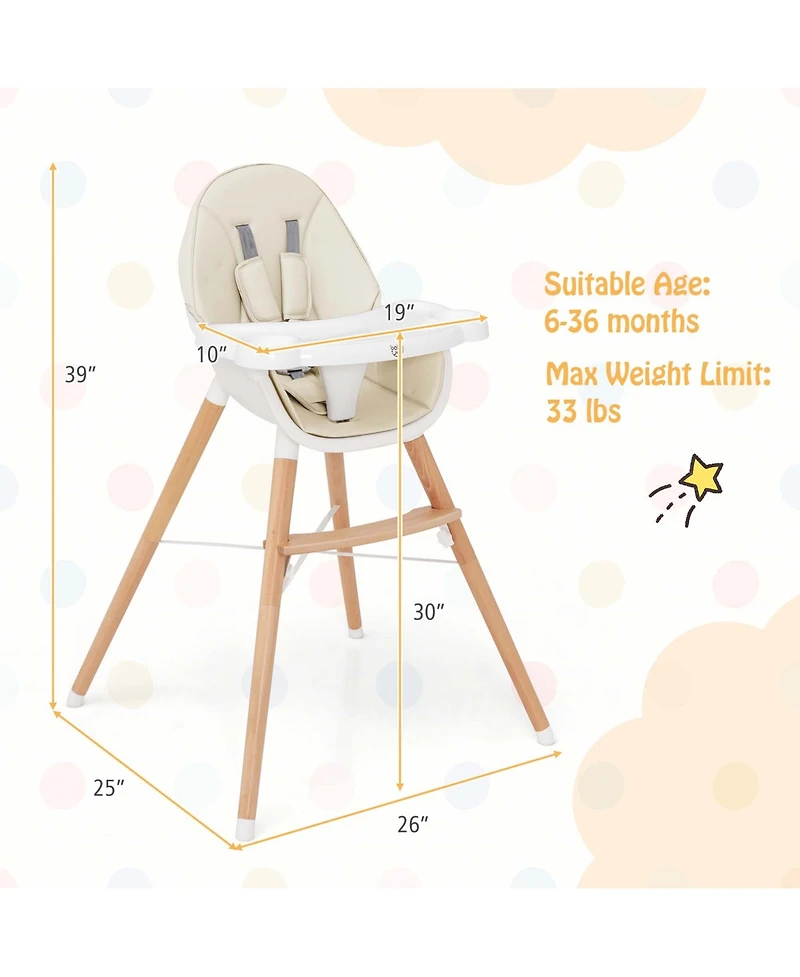 Costway Toddler High Chair Wooden Feeding Chair with 4-Gear Tray & Removable Cushion