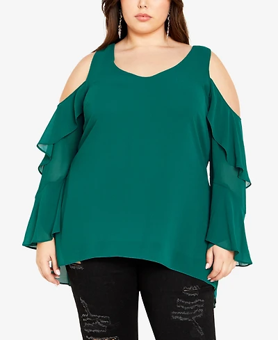 City Chic Plus Hi Lo Cold Shoulder Long Sleeve Top