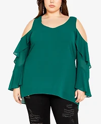 City Chic Plus Hi Lo Cold Shoulder Long Sleeve Top