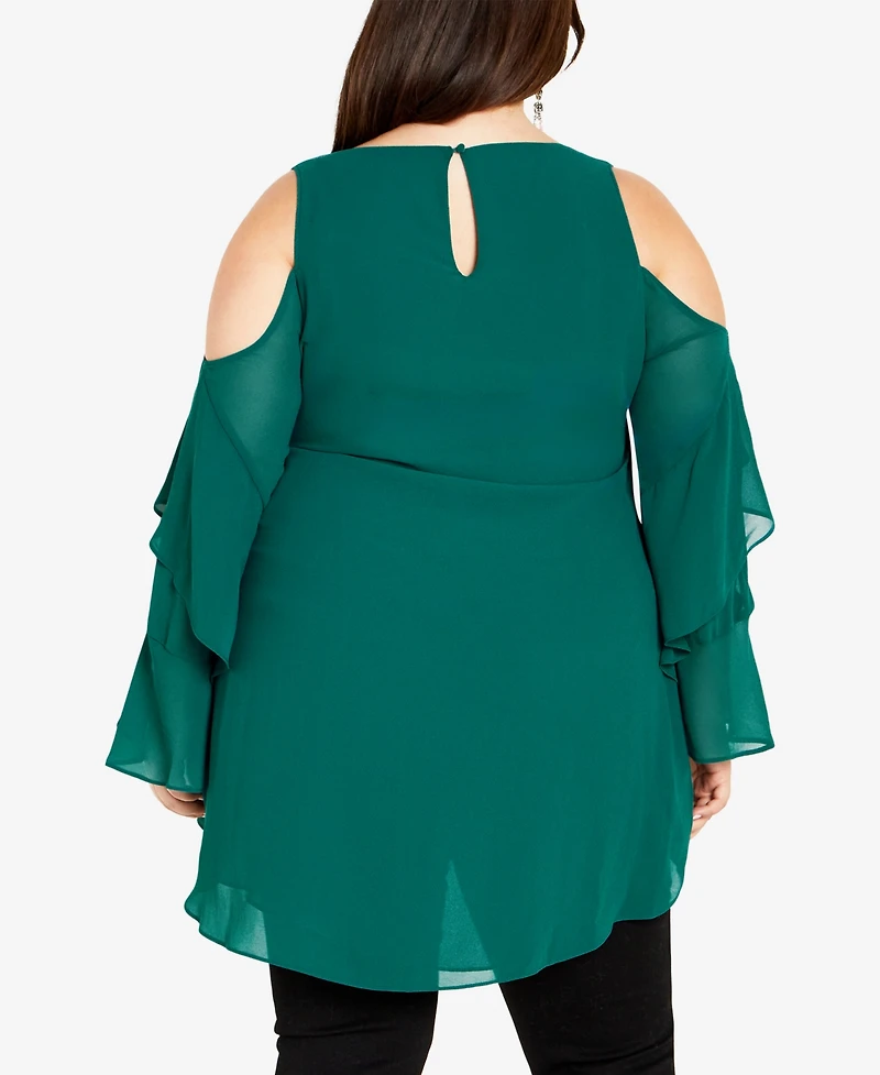 City Chic Plus Hi Lo Cold Shoulder Long Sleeve Top