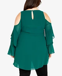 City Chic Plus Hi Lo Cold Shoulder Long Sleeve Top