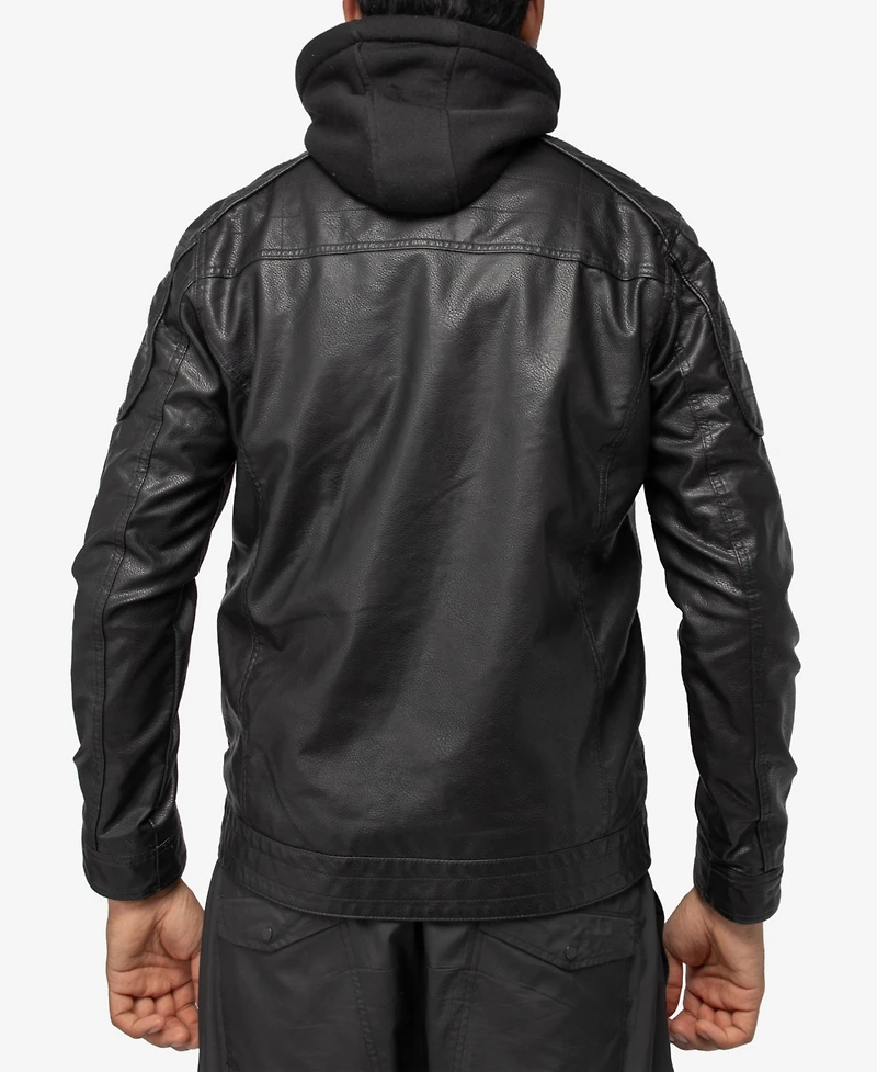 X-Ray Men's Grainy Polyurethane Leather Hooded Jacket with Faux Shearling Lining
