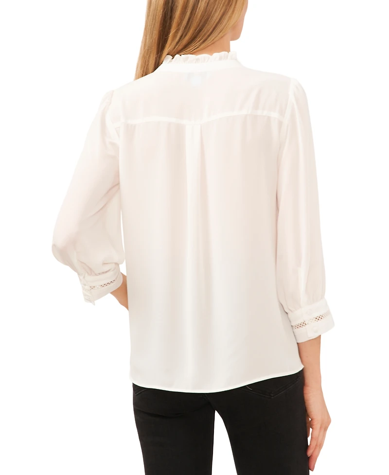 CeCe Women's Lace Trimmed Pintuck 3/4-Sleeve Button Front Blouse