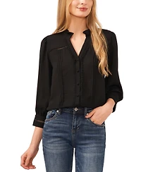 CeCe Women's Lace Trimmed Pintuck 3/4-Sleeve Button Front Blouse