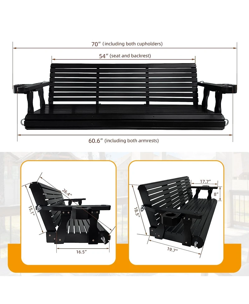 Wooden Porch Swing 3-Seater, Bench with Cupholders, Hanging Chains and 7mm Springs, Heavy Duty 800 Lbs, for Outdoor Patio Garden Yard