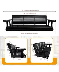 Wooden Porch Swing 3-Seater, Bench with Cupholders, Hanging Chains and 7mm Springs, Heavy Duty 800 Lbs, for Outdoor Patio Garden Yard