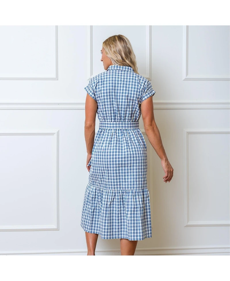 Hope & Henry Women's Short Sleeve Button Front Tiered Midi Dress with Waist Sash