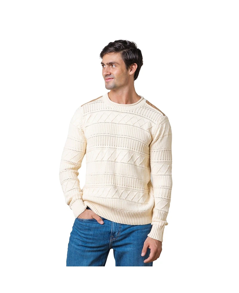 Hope & Henry Men's Organic Crew Neck Cable Sweater with Suede Detail