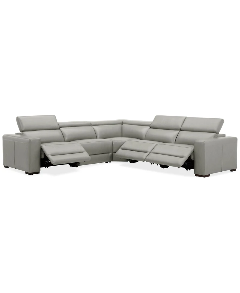 Nevio 124" 5-Pc. Leather Sectional with 3 Power Recliners and Headrests, Created For Macy's