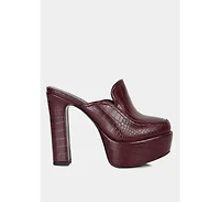 Bauhaus Womens Croc Pattern Heeled Platform Mules