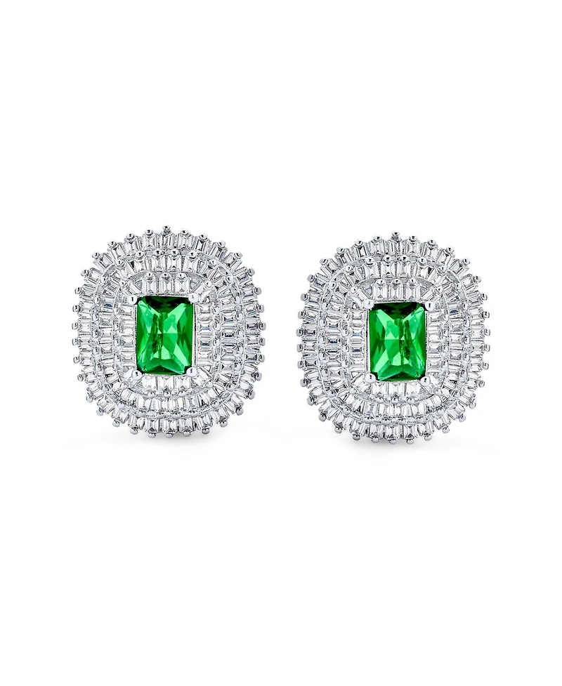 Bling Jewelry Classic Holiday Party Emerald Cut Green Cubic Zirconia Triple Row Baguette Halo Cz Stud Clip On Earrings Non Pierced Ear