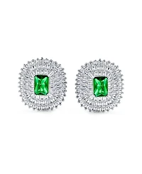Bling Jewelry Classic Holiday Party Emerald Cut Green Cubic Zirconia Triple Row Baguette Halo Cz Stud Clip On Earrings Non Pierced Ear