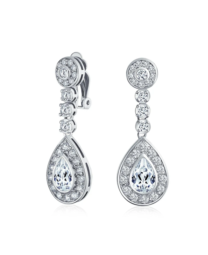 Bling Jewelry Teardrop Halo Cubic Zirconia Pave Cz Dangle Statement Clip On Earrings Rose Gold Plated
