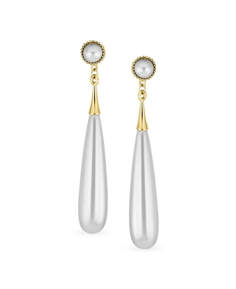 Bling Jewelry Modern Geometric Linear Thin Long Off White Column Simulated Pearl Dangling Chandelier Clip-on Earrings Yellow Gold Plated