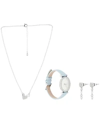 Jessica Carlyle Women's Analog Light Blue Polyurethane Leather Strap Watch 33mm with Necklace Earring Set