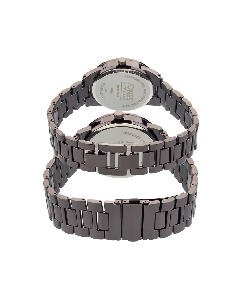 Jones New York Men and Women's Analog Shiny Black Metal Bracelet His Hers Watch 42mm, 32mm Gift Set