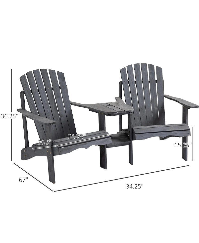 Outsunny Set of 2 Wooden Adirondack Chairs, Outdoor Double Seat with Center Table and Umbrella Hole for Patio, Backyard, Deck, Fire Pit, Grey