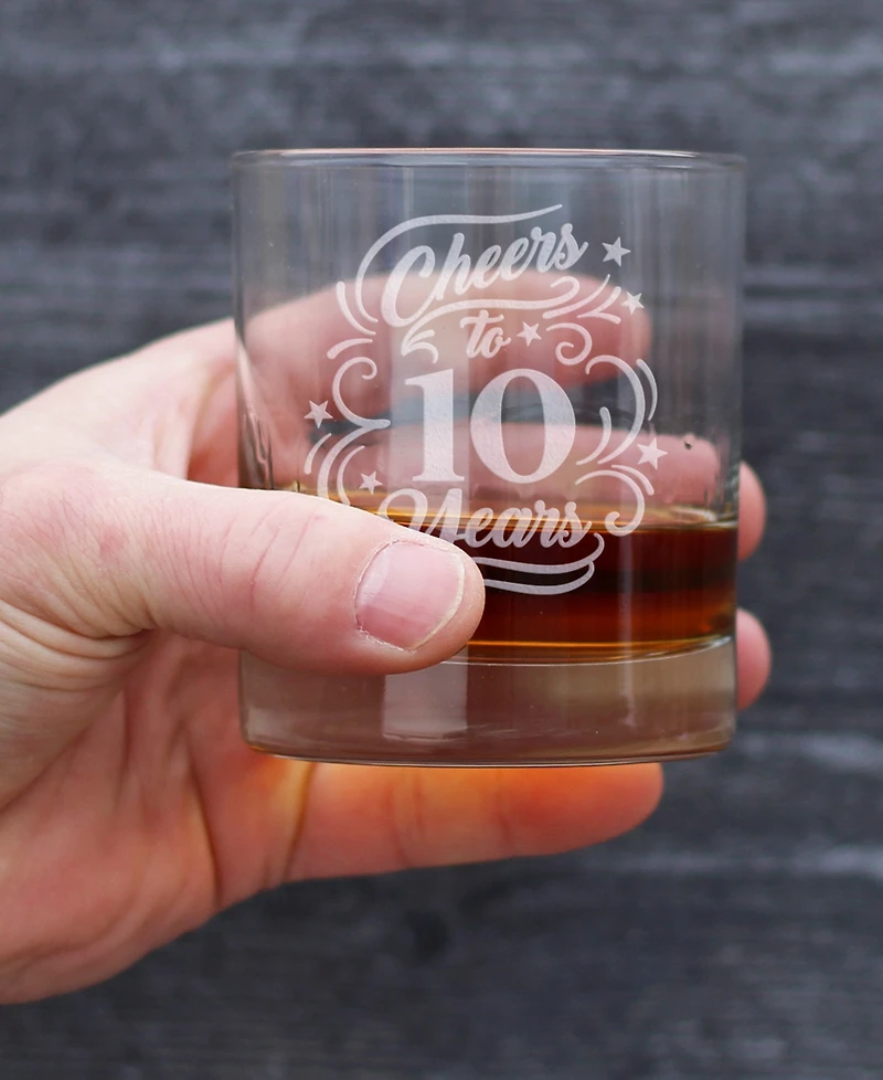 Bevvee Cheers to 10 Years 10th Anniversary Gifts Whiskey Rocks Glass, 10 oz