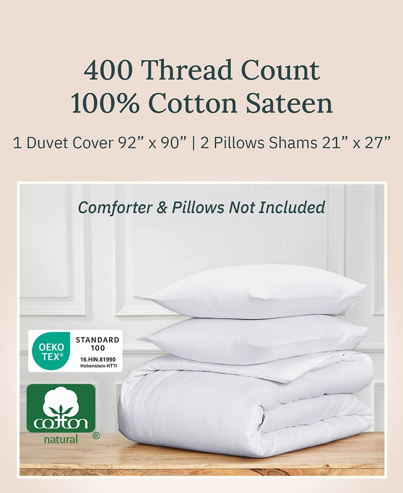 Luxury 3-Piece Duvet Cover Set - 400 Thread Count 100% Cotton Sateen, Comforter with 2 Pillow Shams by California Design Den