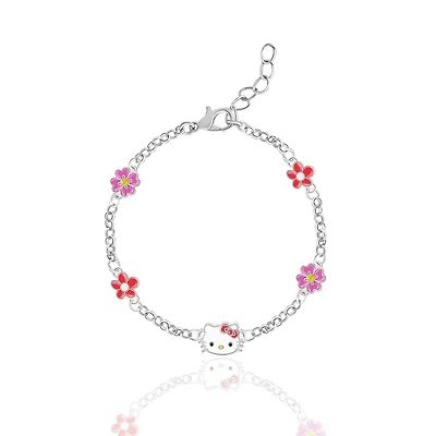 Sanrio Hello Kitty Officially Licensed Authentic Silver Plated Bracelet with Flowers and Crystals - 6.5 + 1"
