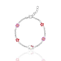 Sanrio Hello Kitty Officially Licensed Authentic Silver Plated Bracelet with Flowers and Crystals - 6.5 + 1"