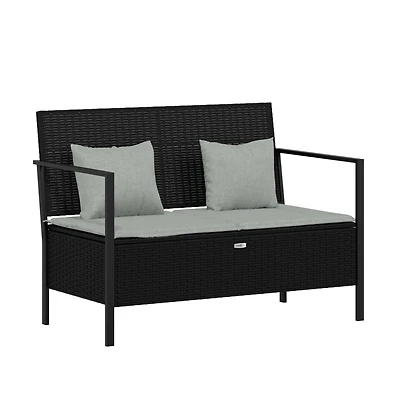 2-Seater Patio Bench with Cushions Black Poly Rattan