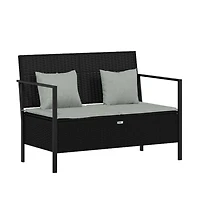 2-Seater Patio Bench with Cushions Black Poly Rattan