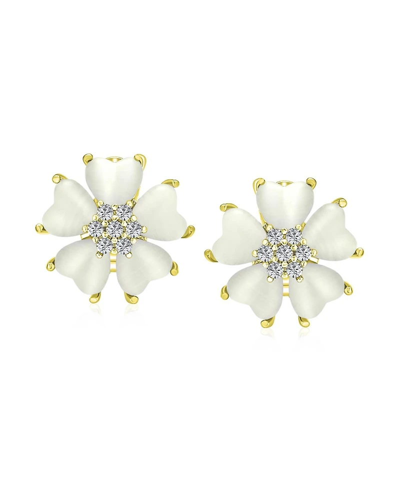 Bling Jewelry Romantic Cat Eye Stone Button-Style Heart-Shaped Petals Flower Stud Earrings with Omega Clip Yellow Gold Plated