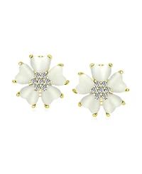 Bling Jewelry Romantic Cat Eye Stone Button-Style Heart-Shaped Petals Flower Stud Earrings with Omega Clip Yellow Gold Plated