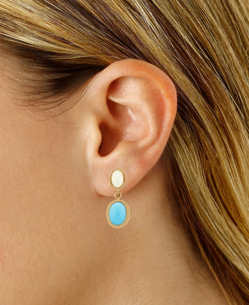 Opal & Turquoise Oval Rope-Framed Double Drop Earrings in 14k Gold