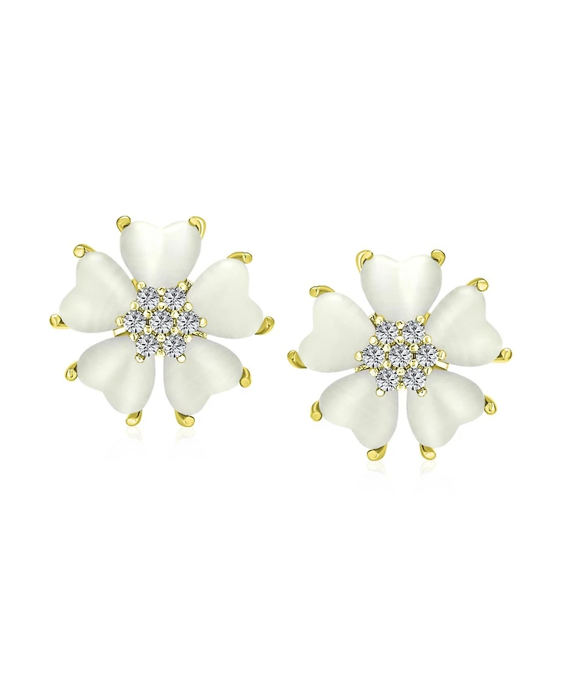 Bling Jewelry Romantic Natural Cat Eye Button-Style Heart-Shaped Petals Flower Clip-On Earrings Yellow Gold Plated