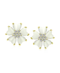 Bling Jewelry Romantic Natural Cat Eye Button-Style Heart-Shaped Petals Flower Clip-On Earrings Yellow Gold Plated