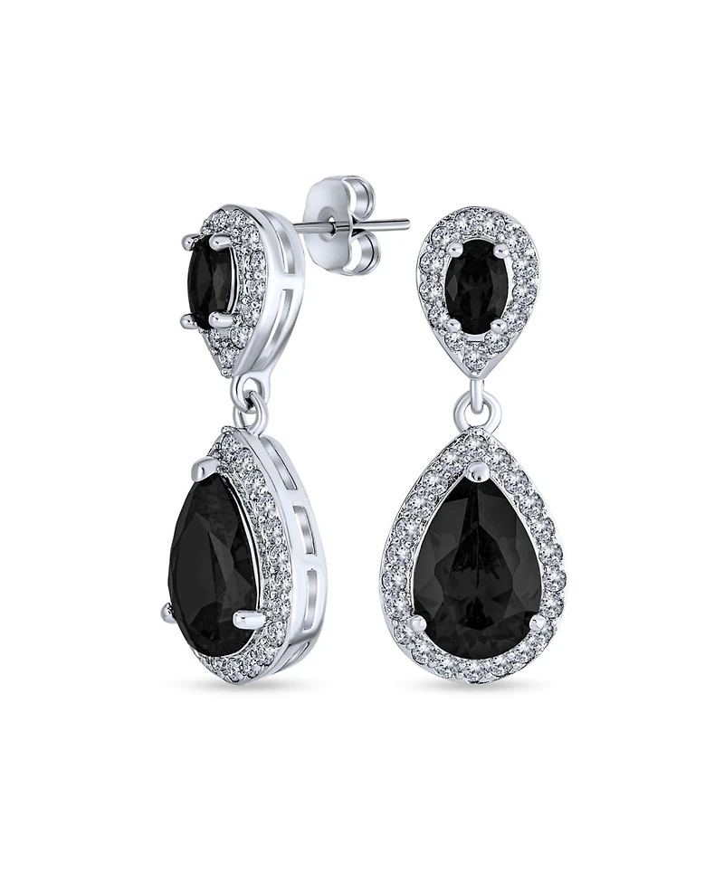 Bling Jewelry Fashion Pave Cz Halo Black Pear Shaped Teardrop Drop Statement Earrings Prom Rhodium Plated Brass