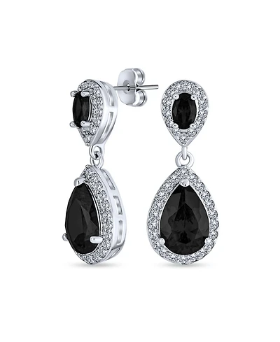 Bling Jewelry Fashion Pave Cz Halo Black Pear Shaped Teardrop Drop Statement Earrings Prom Rhodium Plated Brass