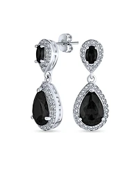 Bling Jewelry Fashion Pave Cz Halo Black Pear Shaped Teardrop Drop Statement Earrings Prom Rhodium Plated Brass
