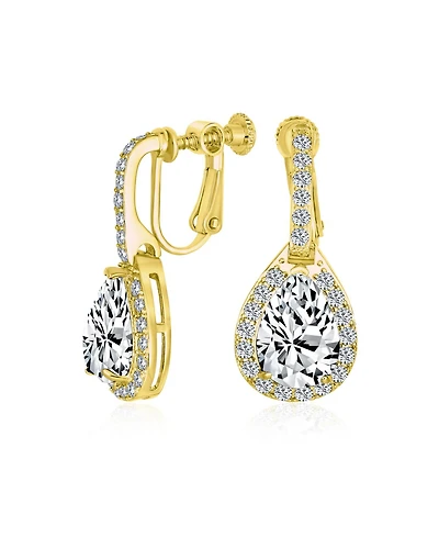 Bling Jewelry Style Halo Clear Cubic Zirconia Cz Fashion Formal Dangle Drop Teardrop Screw Back Clip On Earrings Prom Gold Plated