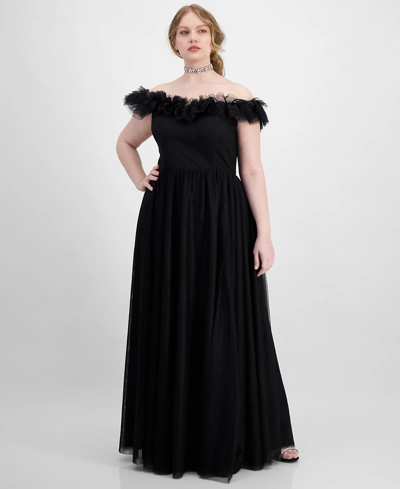 City Studios Trendy Plus Tulle-Trim Off-The-Shoulder Gown, Created for Macy's