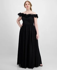 City Studios Trendy Plus Tulle-Trim Off-The-Shoulder Gown, Created for Macy's