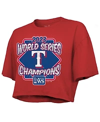 Women's Majestic Threads Red Texas Rangers 2023 World Series Champions Best Face Forward Boxy Cropped Tri-Blend T-shirt