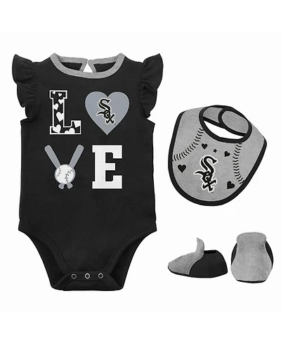 Newborn and Infant Boys Girls Black, Heather Gray Chicago White Sox Three-Piece Love of Baseball Bib Bodysuit Booties Set