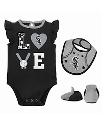 Newborn and Infant Boys Girls Black, Heather Gray Chicago White Sox Three-Piece Love of Baseball Bib Bodysuit Booties Set