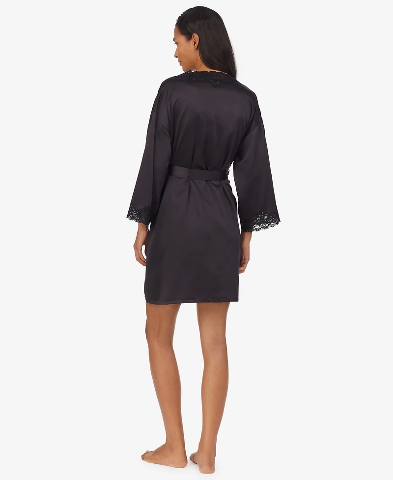 Lauren Ralph Satin Lace-Trim Wrap Robe Lingerie